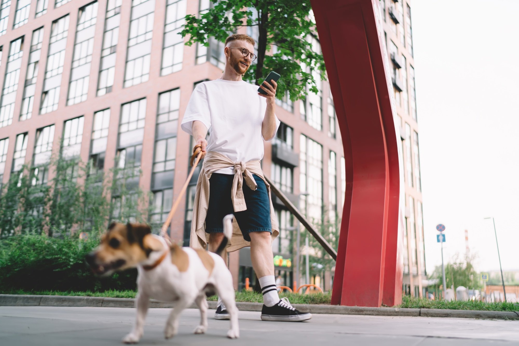 Positive young man using smartphone while walking with dog