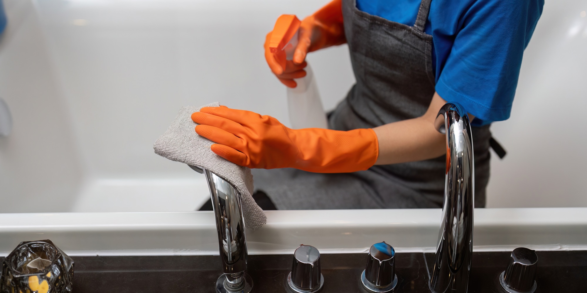 Professional cleaning service company employee in rubber gloves cleaning and detergent spray in