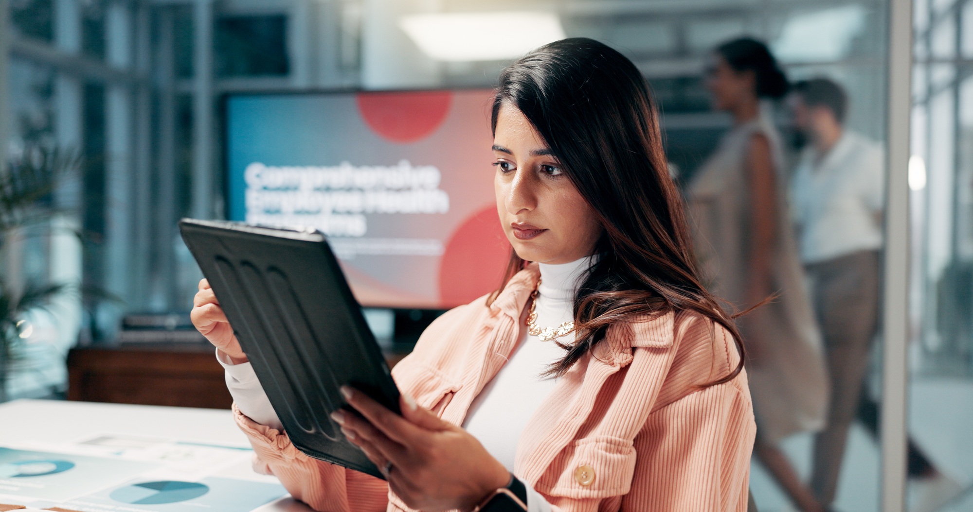 Research, business woman and tablet in office with data, campaign performance or stats. Technology,