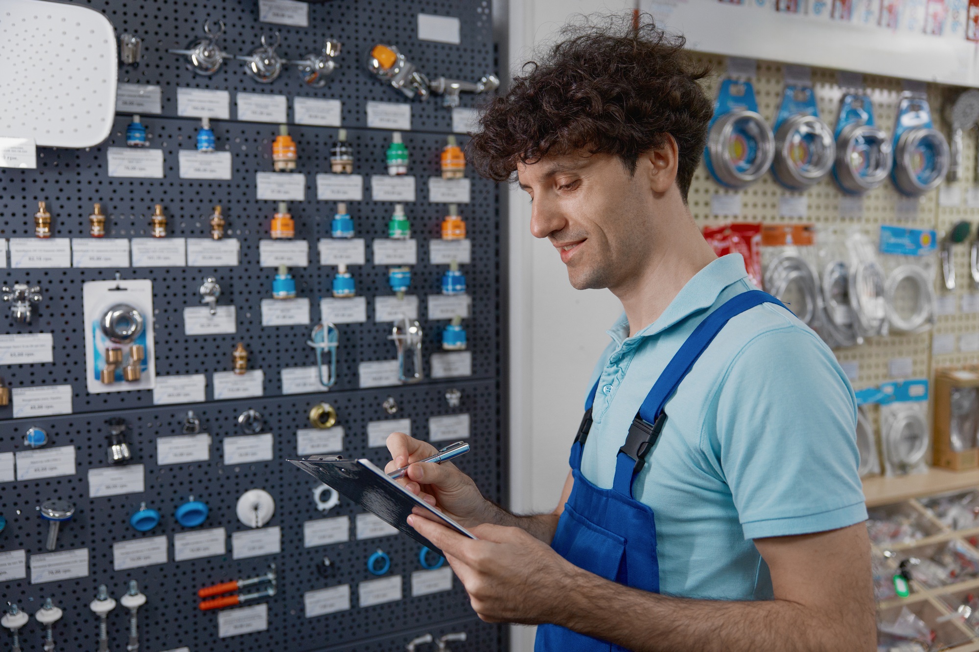 Salesman merchandising and checking plumbing hardware assortment on shop display