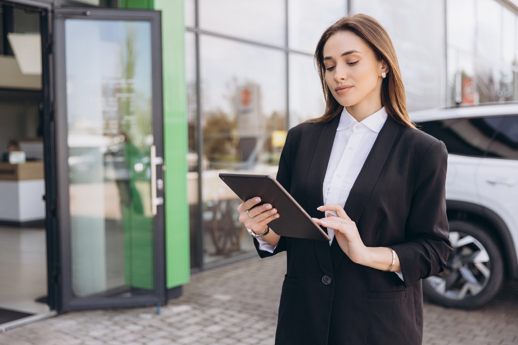 Saleswoman using tablet in front of car dealership