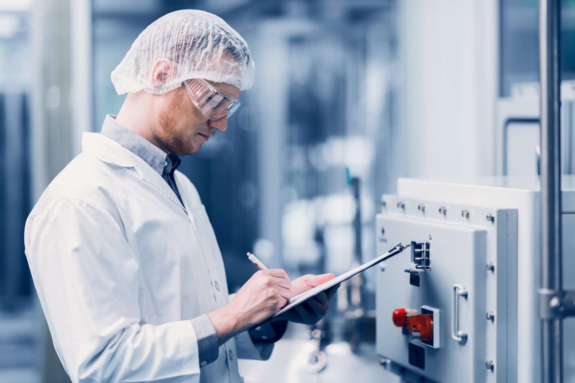 Scientist Medical Factory Staff Working in Science Lab. Medicine factory Technician Employee Check C