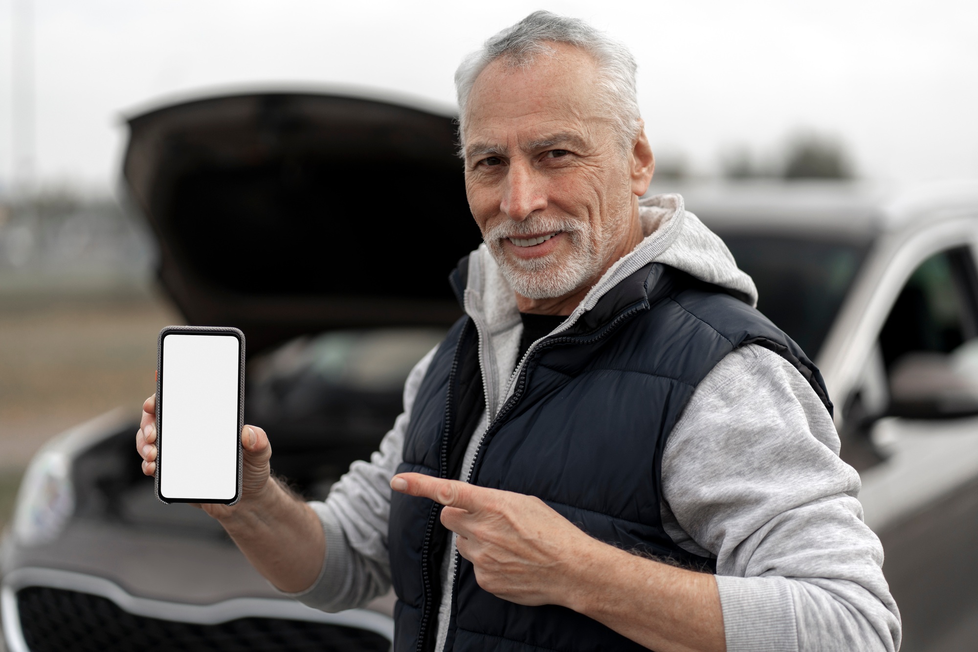 Senior male driver points at copy space on smartphone. Mockup for mobile apps. Roadside assistance