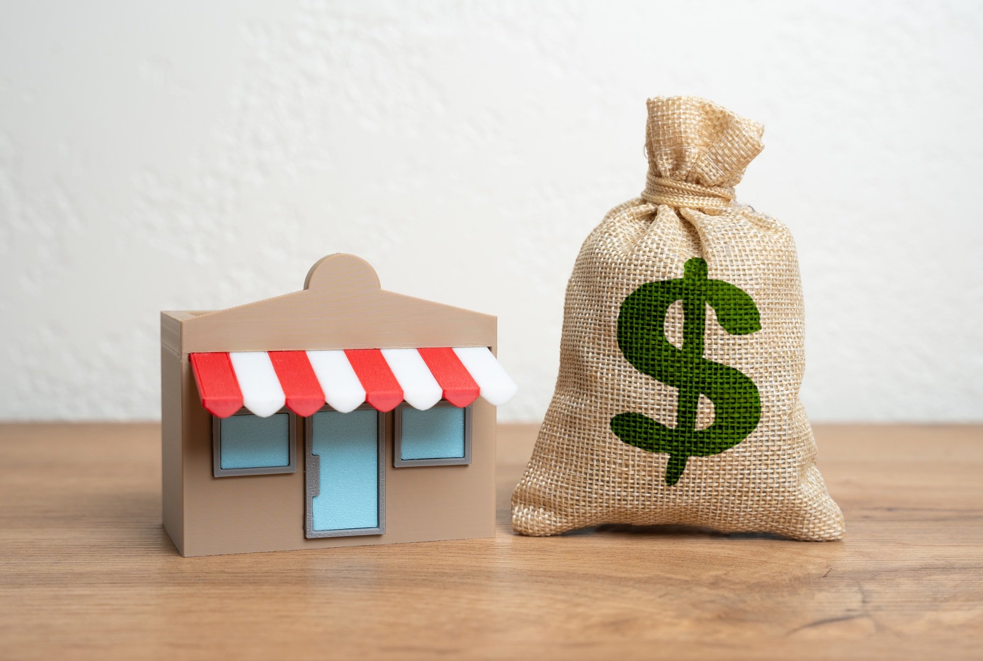 Shop and dollar money bag. Income and profit. Franchise revenue. Open your own business