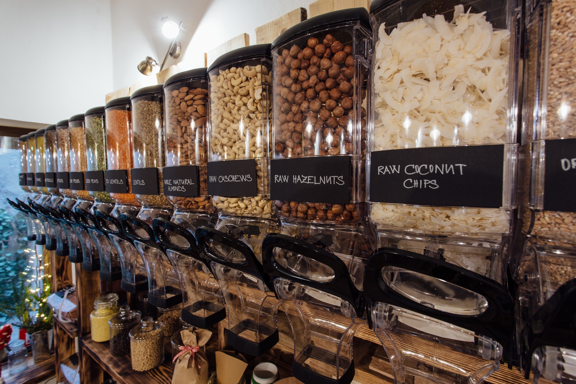Side view of raw food products displayed in grocery store.