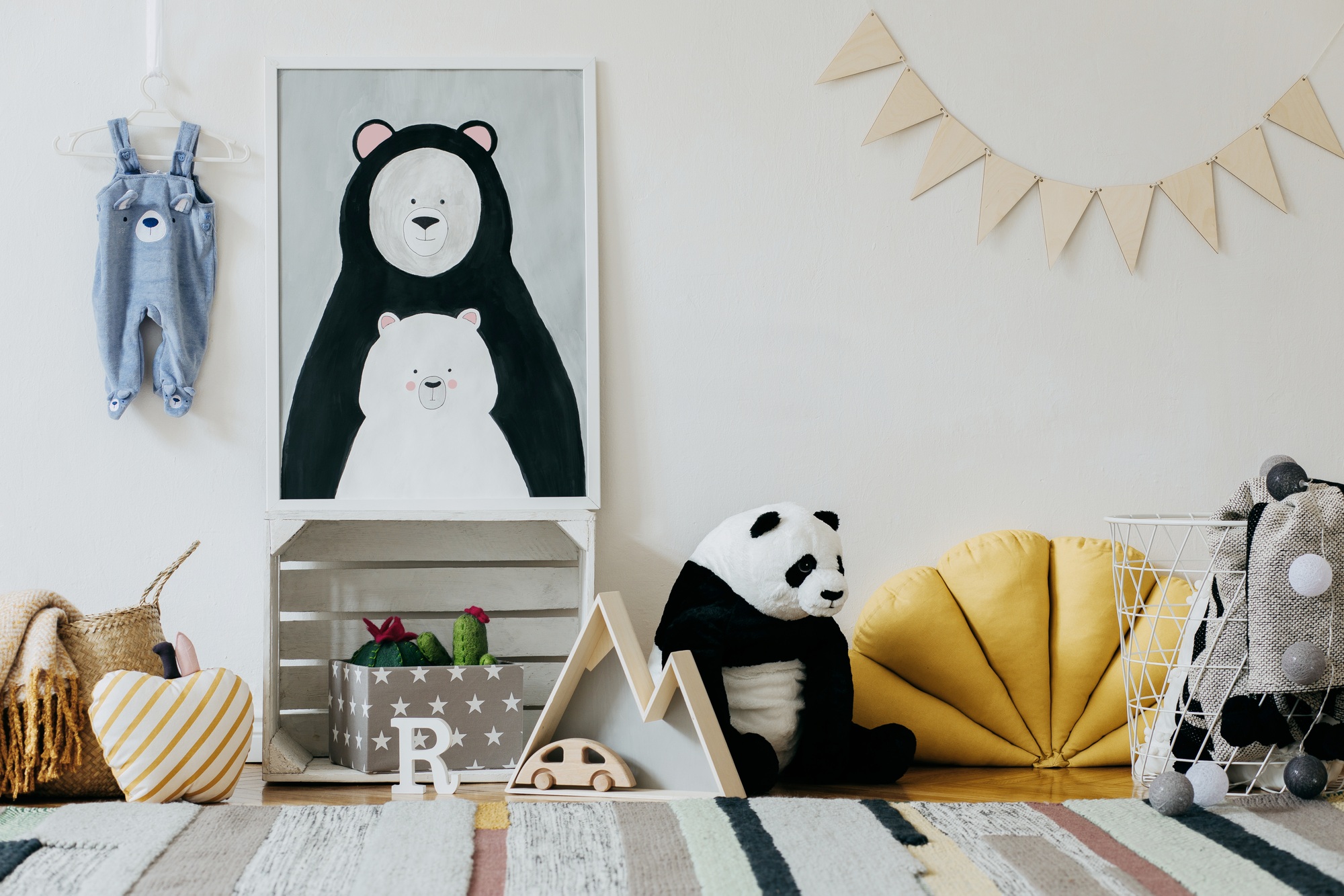 Stylish scandinavian kid room with mock up poste frame.