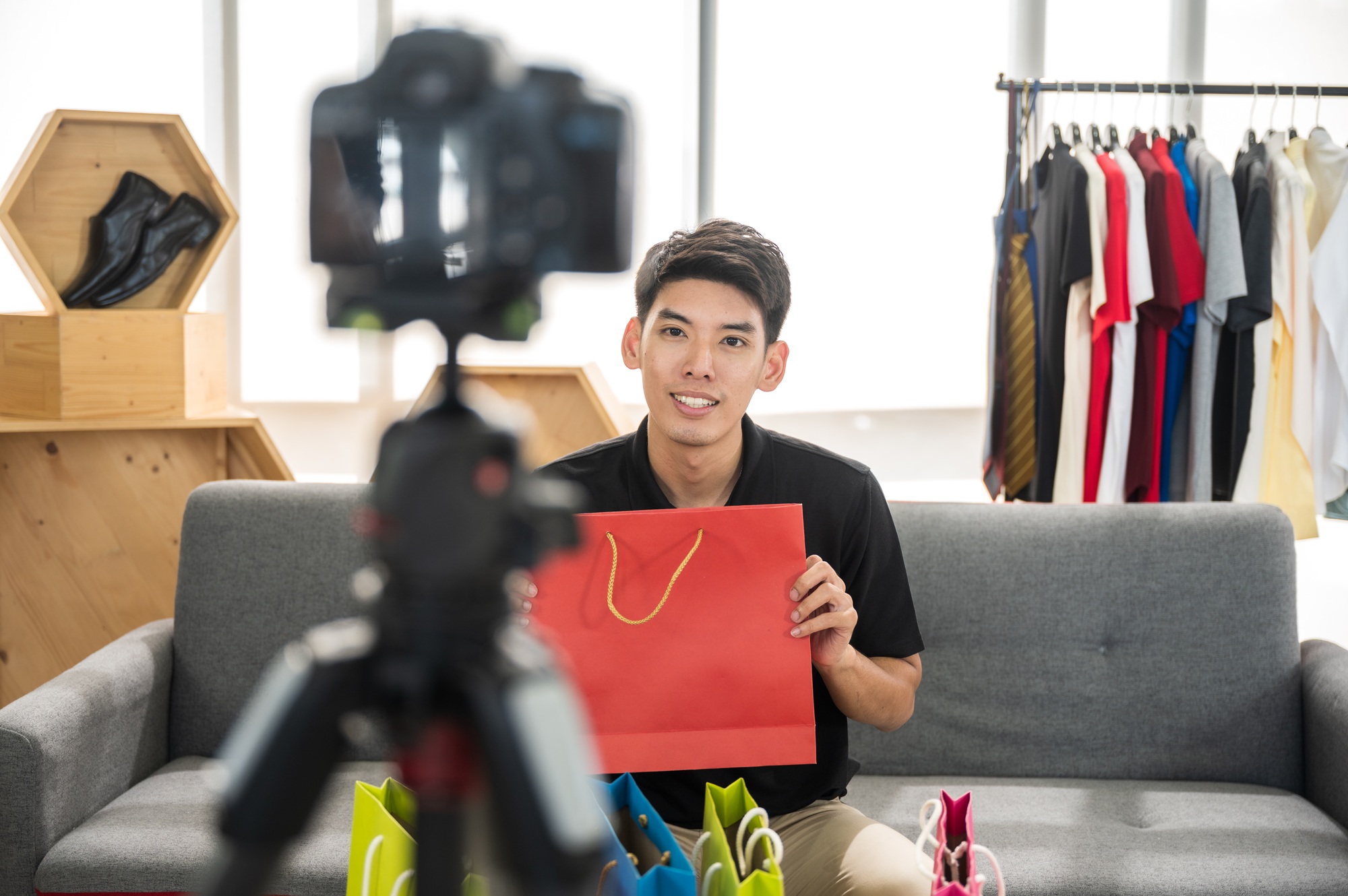 young businessman online selling product by steaming